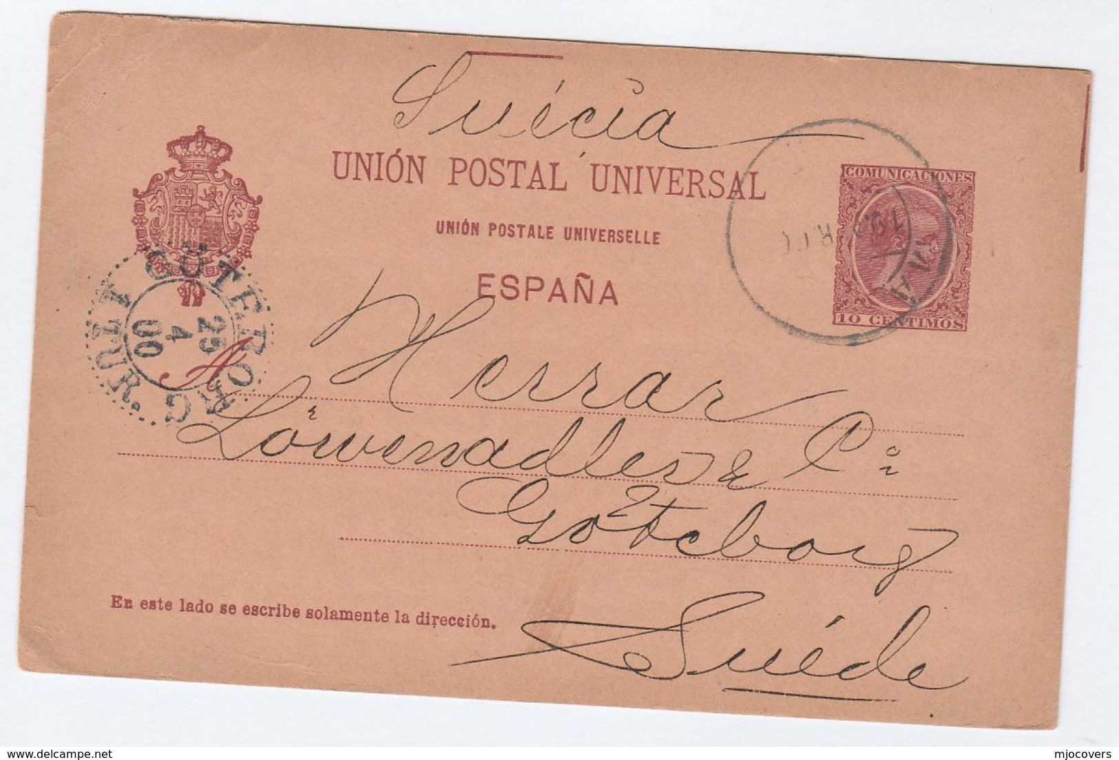 1900 Malaga SPAIN STATIONERY To Goteborg SWEDEN Postal CARD Stamps Cover - 1850-1931