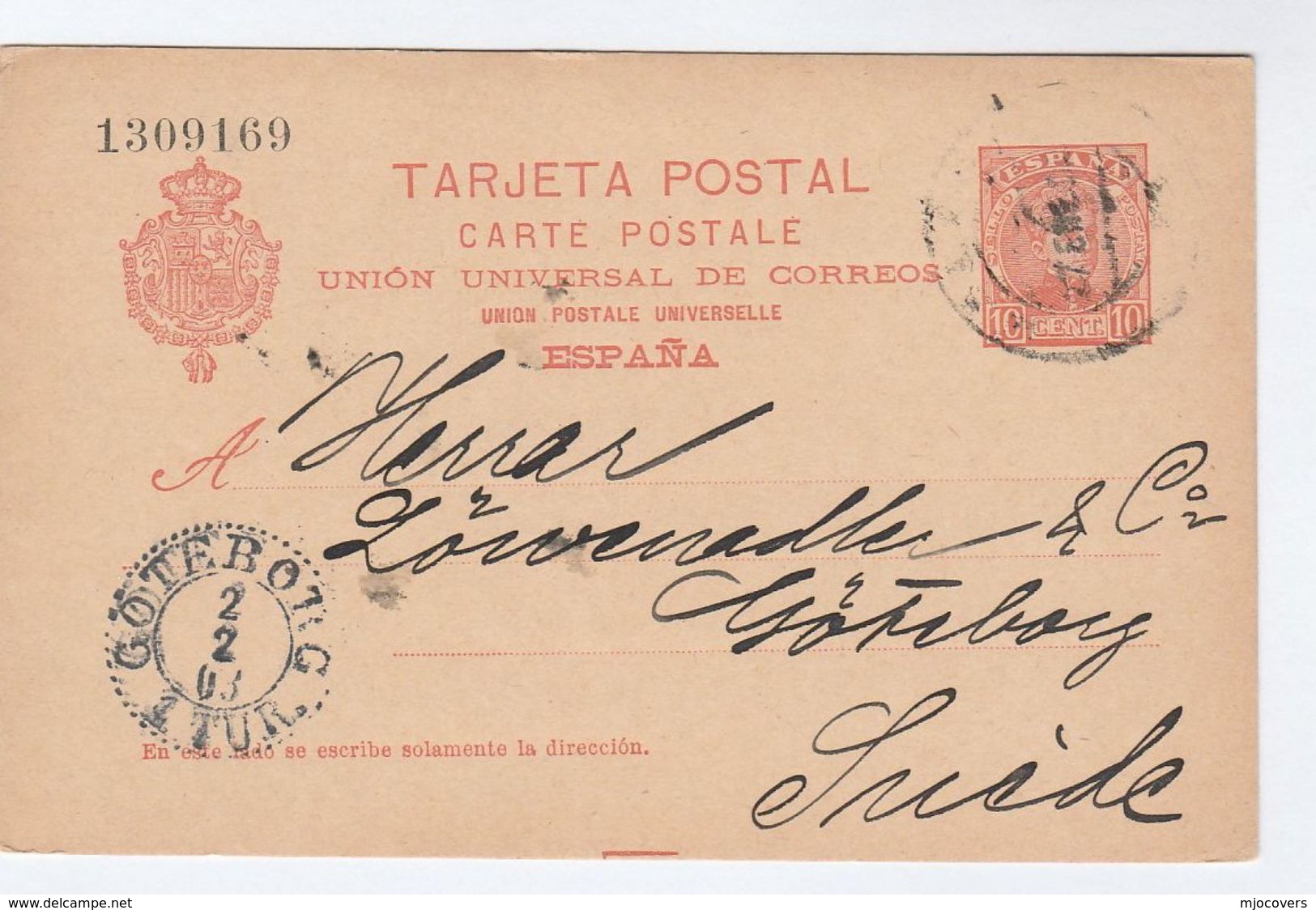 1903 SPAIN STATIONERY To Goteborg SWEDEN Postal CARD Stamps Cover - 1850-1931
