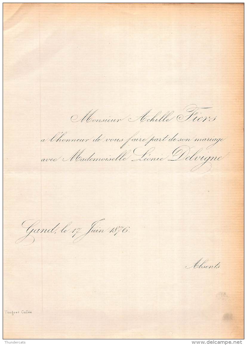 FAIRE PART MARIAGE  ACHILE FIERS LEONIE DELVIGNE GAND 1876 - Mariage