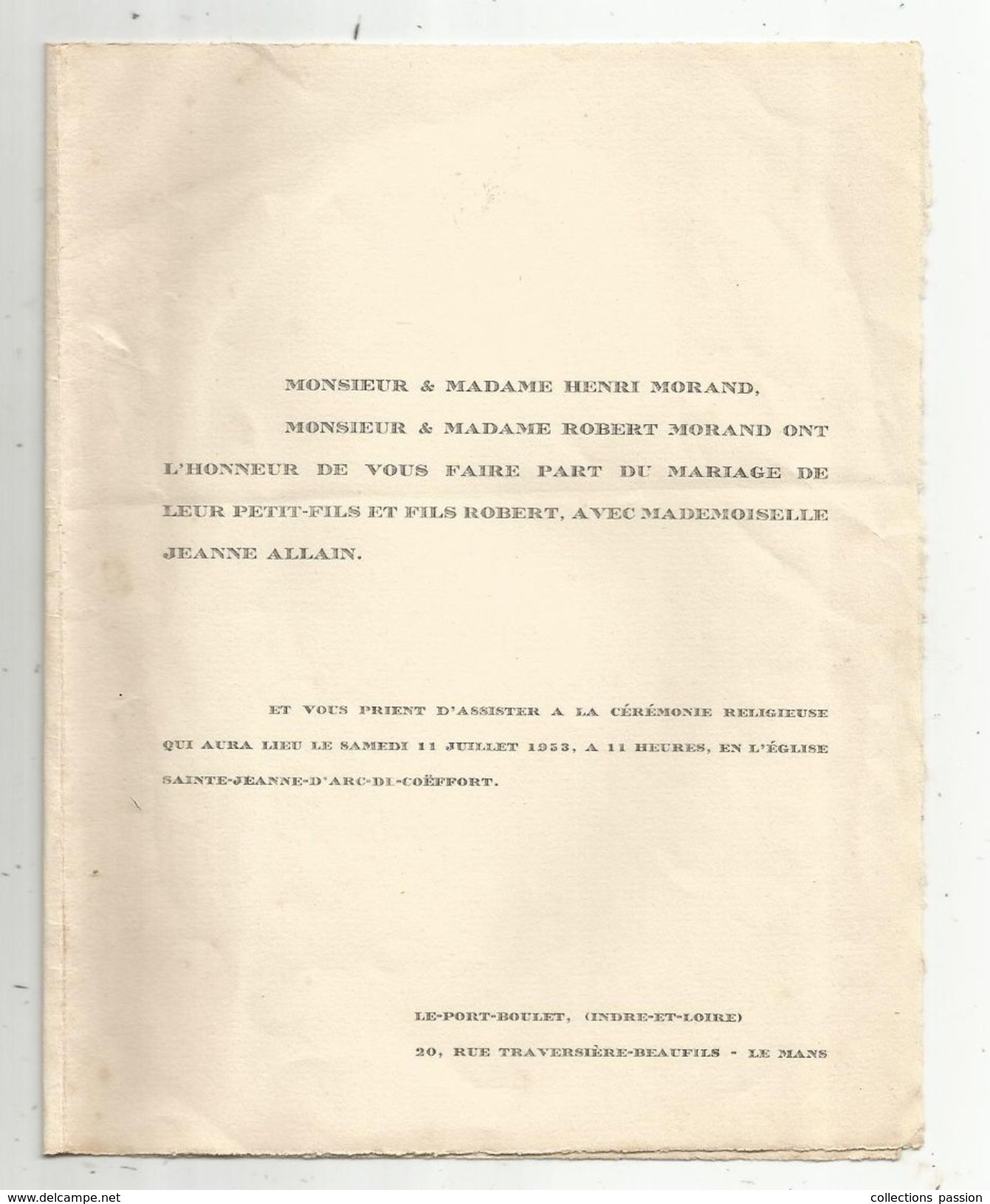 Faire Part De Mariage , église Sainte Jeanne D'Arc De Coëffort , Le Mans, 1953  ,4 Pages , 2 Scans, Frais Fr : 1.55 E - Mariage