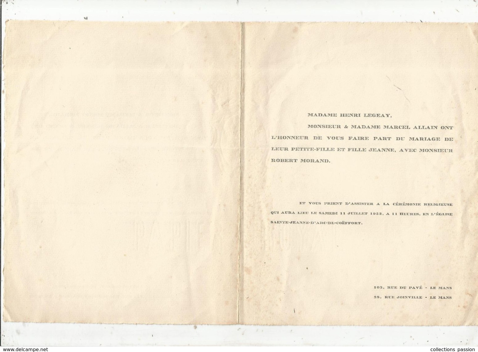 Faire Part De Mariage , église Sainte Jeanne D'Arc De Coëffort , Le Mans, 1953  ,4 Pages , 2 Scans, Frais Fr : 1.55 E - Mariage