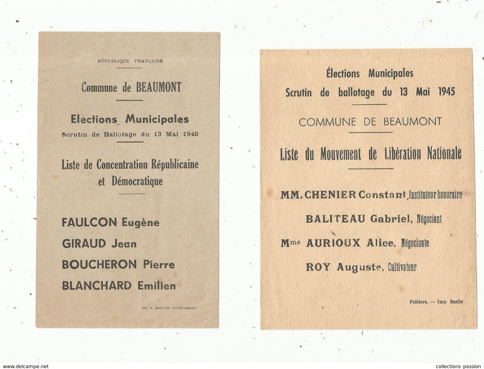 élections Municipales Du 13 Mai 1945 , BEAUMONT , Vienne , 2 Listes ,  LOT DE 2 - Ohne Zuordnung