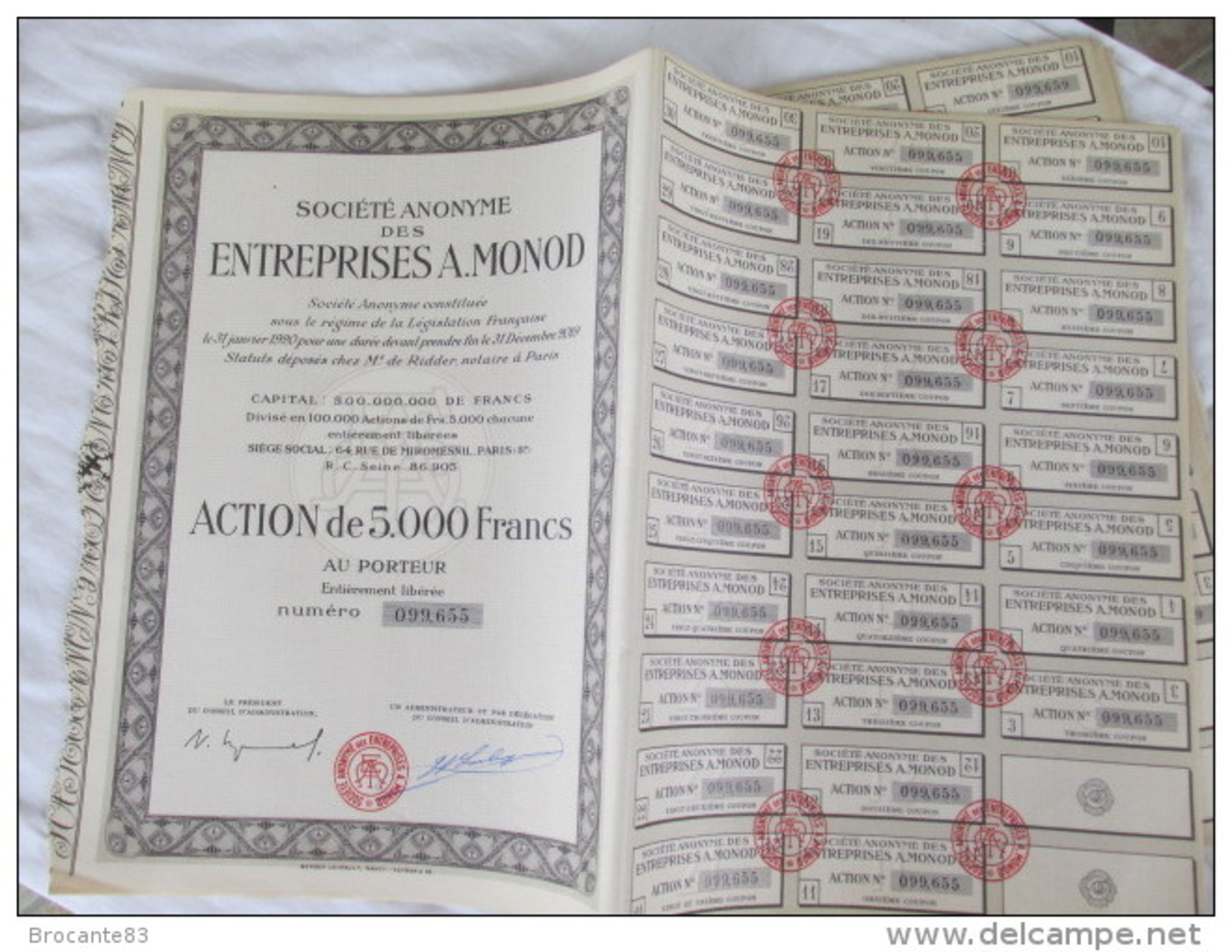 ACTION DE 5000 FR ENTREPRISE A MONOD DE 1920 AVEC 28 COUPONS - M - O