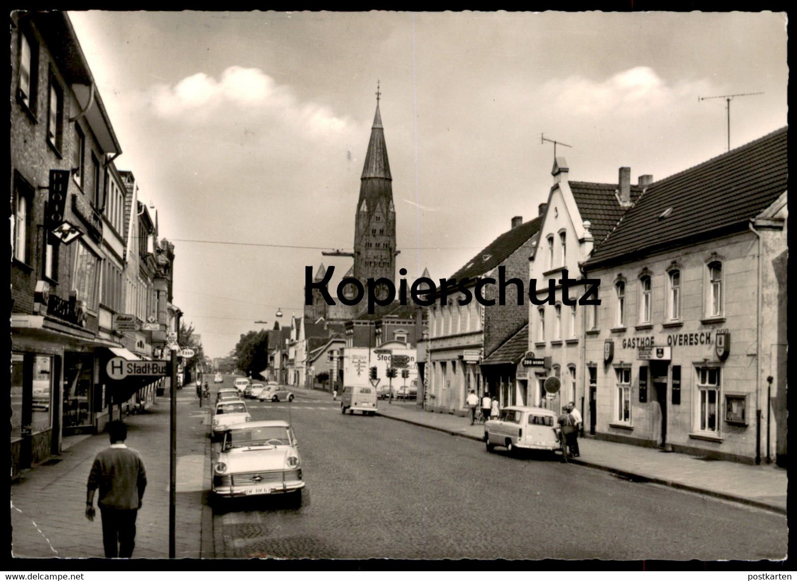 ÄLTERE POSTKARTE RHEINE IBBENBÜRENER STRASSE ZOO WEBER LEBENSMITTEL BÜCKER BAUSTOFFE MÖLLER OVERESCH ESSO TANKSTELLE AK - Rheine