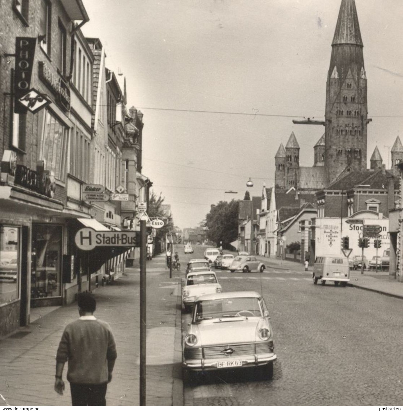 ÄLTERE POSTKARTE RHEINE IBBENBÜRENER STRASSE ZOO WEBER LEBENSMITTEL BÜCKER BAUSTOFFE MÖLLER OVERESCH ESSO TANKSTELLE AK - Rheine