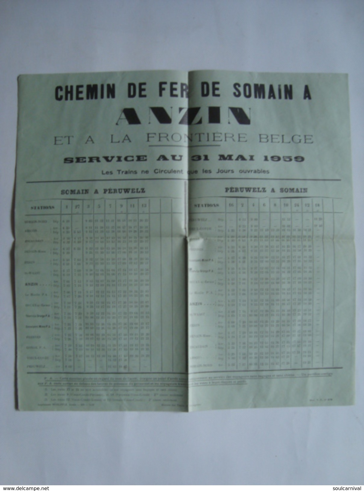 CHEMIN DE FER DE SOMAIN À ANZIN ET LA FRONTIÈRE BELGE. SOMAIN À PERUWELZ / PERUWELZ À SOMAIN - FRANCE, 1959. - Ferrocarril