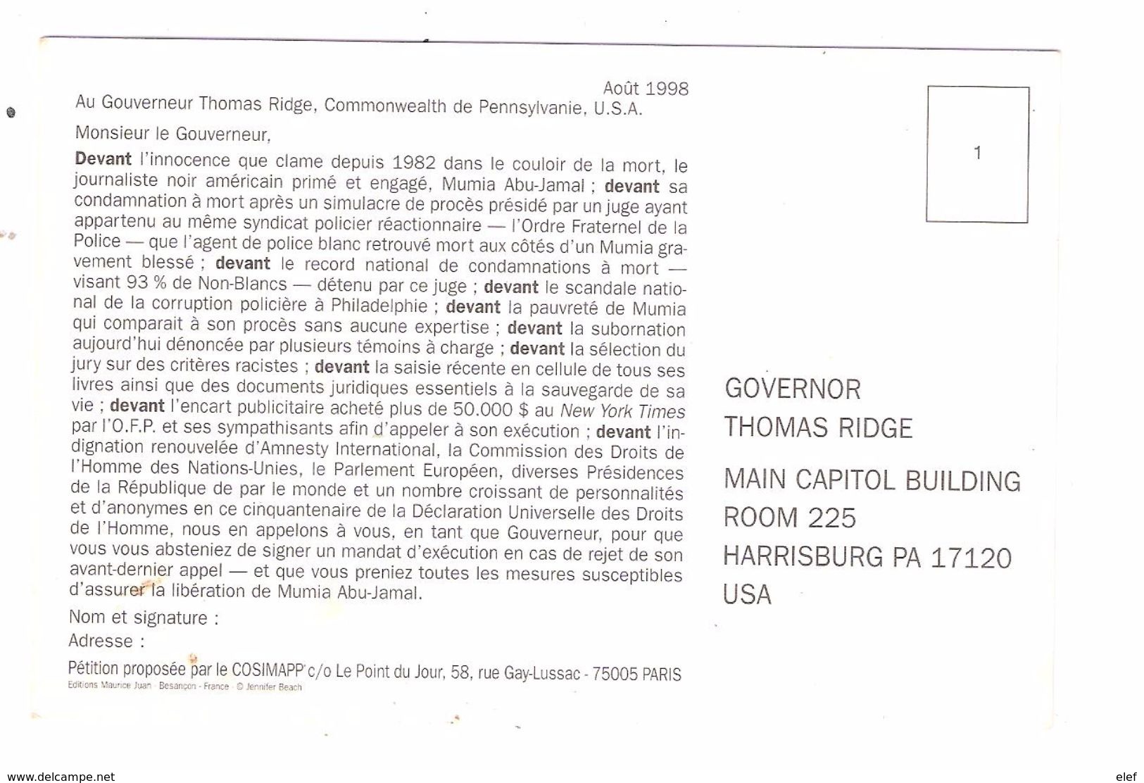 Liberté Pour MUMIA ABU JAMAL Freedom For Mumia , Journaliste 1998 Ed Maurice Juan > Governor Thomas RIDGE Harrisburg USA - Evènements