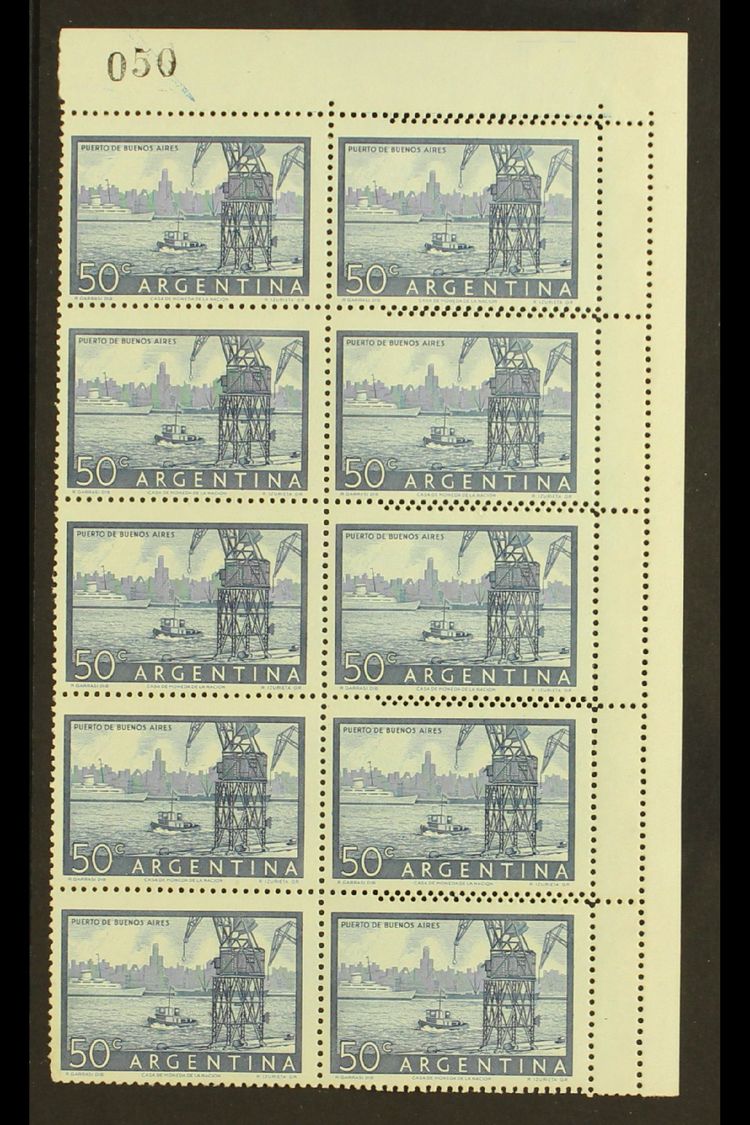 1954-59 50c Blue Buenos Aires Harbour Recess (Scott 632, SG 868), Fine Mint Corner BLOCK Of 10 (2x5)showing DOUBLE COMB  - Andere & Zonder Classificatie