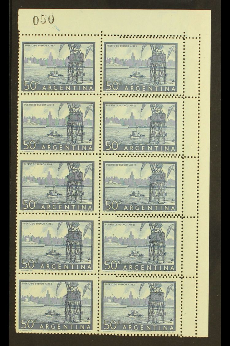 1954-59 50c Blue Buenos Aires Harbour Recess (Scott 632, SG 868), Fine Mint Corner BLOCK Of 10 (2x5)showing DOUBLE COMB  - Autres & Non Classés