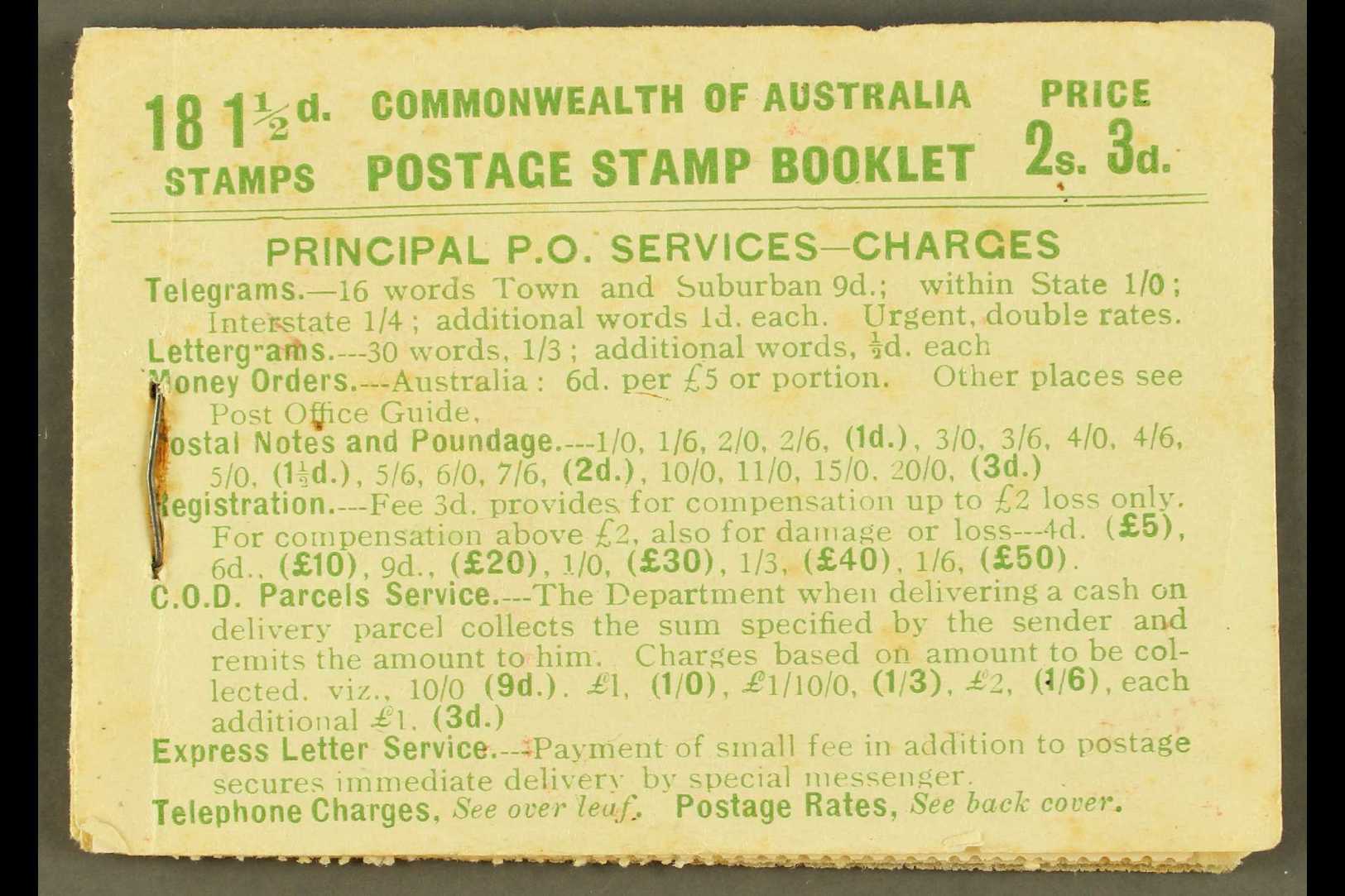 1927 PART BOOKLET 2s3d Green On Pale Green Booklet, SG SB20, If Complete, Should Contain 18 X 1½d Stamps (SG 96), Actual - Other & Unclassified