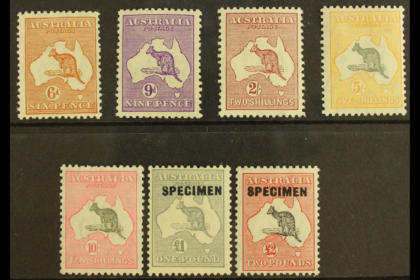 1931-36 Kangaroos Complete Set (£1 & £2 Values Overprinted "Specimen"), SG 132/36 & 137s/38s, Fine Mint, Very Fresh. (7  - Other & Unclassified