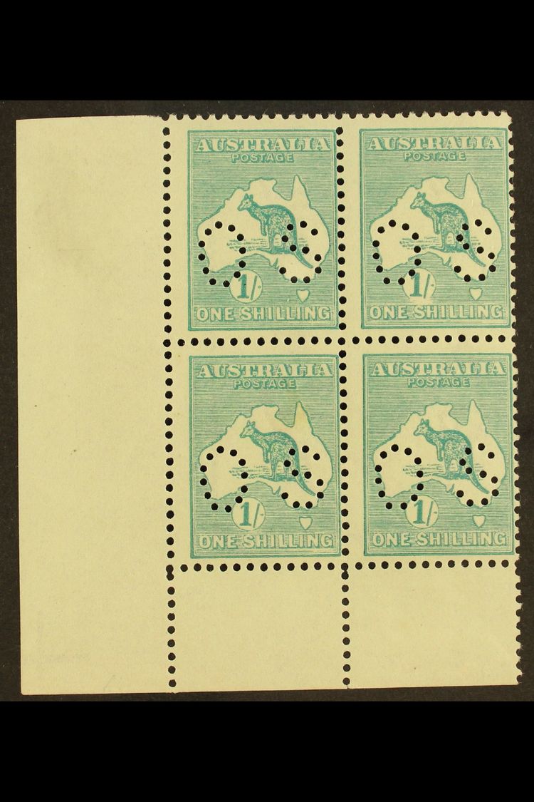 OFFICIAL 1915-28 1s Blue-green Roo, Die IIB, With Small "OS" Perfin, SG O48b (BW 33ba), A Lovely Mint Lower Left CORNER  - Other & Unclassified