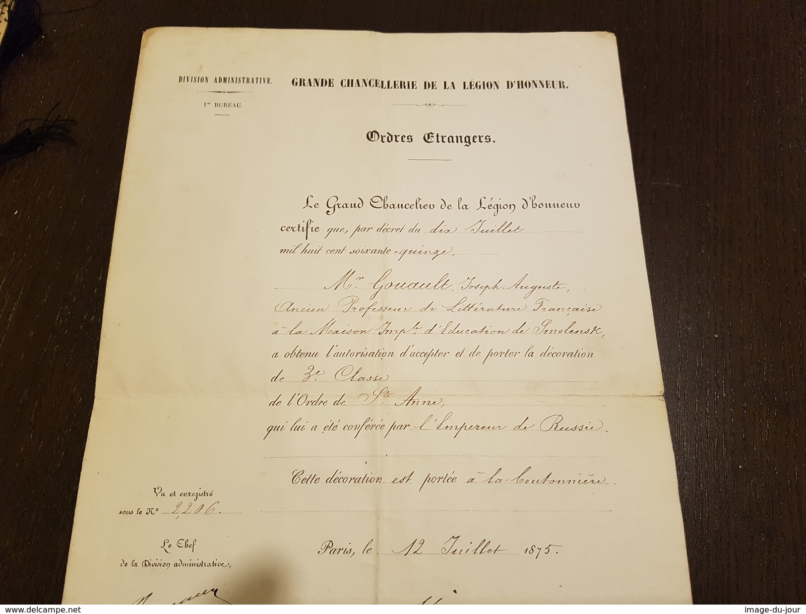 Diplome 1875 Ordre De Sainte Anne Chancelier Legion D'honneur Empereur Russie Ordres Etrangers - Documents Historiques