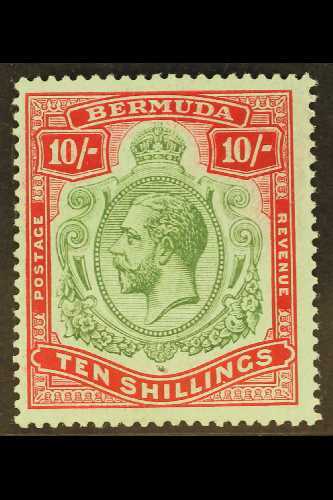 1918-22 10s Green And carmine On Pale Bluish Green, BREAK IN SCROLL, SG 54a, Superb Never Hinged Mint. For More Images,  - Bermudes
