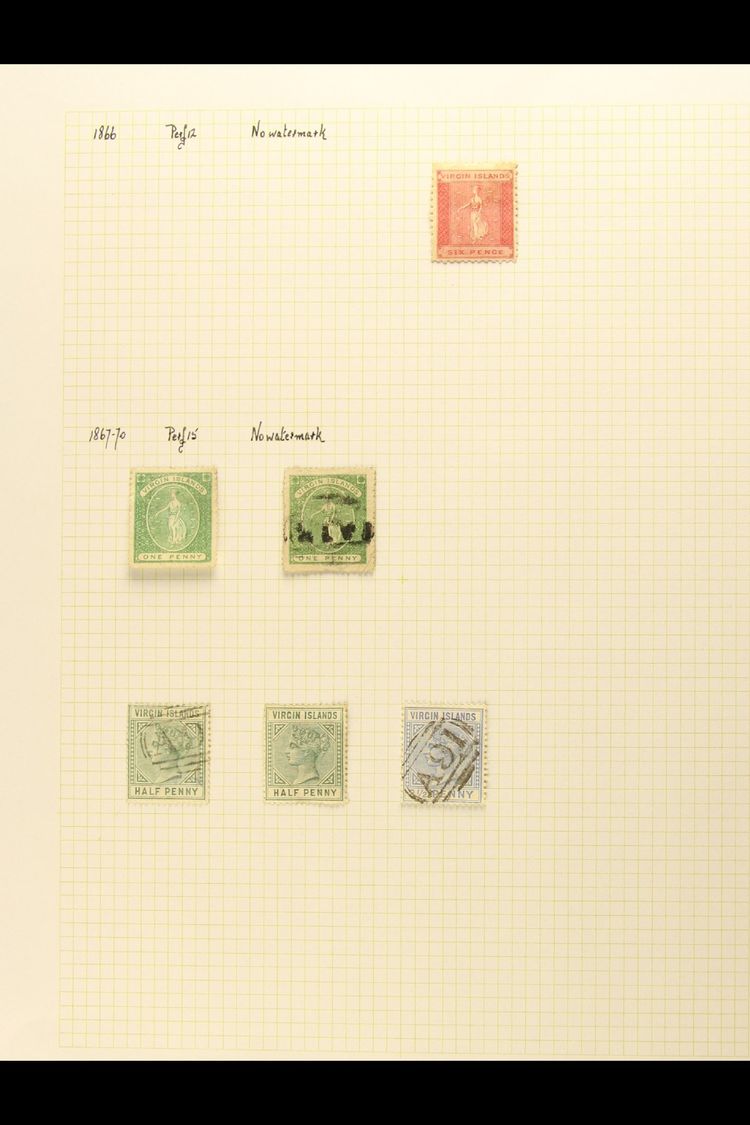 1866-1952 MINT & USED COLLECTION On Leaves, Inc 1866 6d Mint, 1867-70 1d (x2, One Used), 1883-84 ½d & 2½d Used, 1913-19  - British Virgin Islands