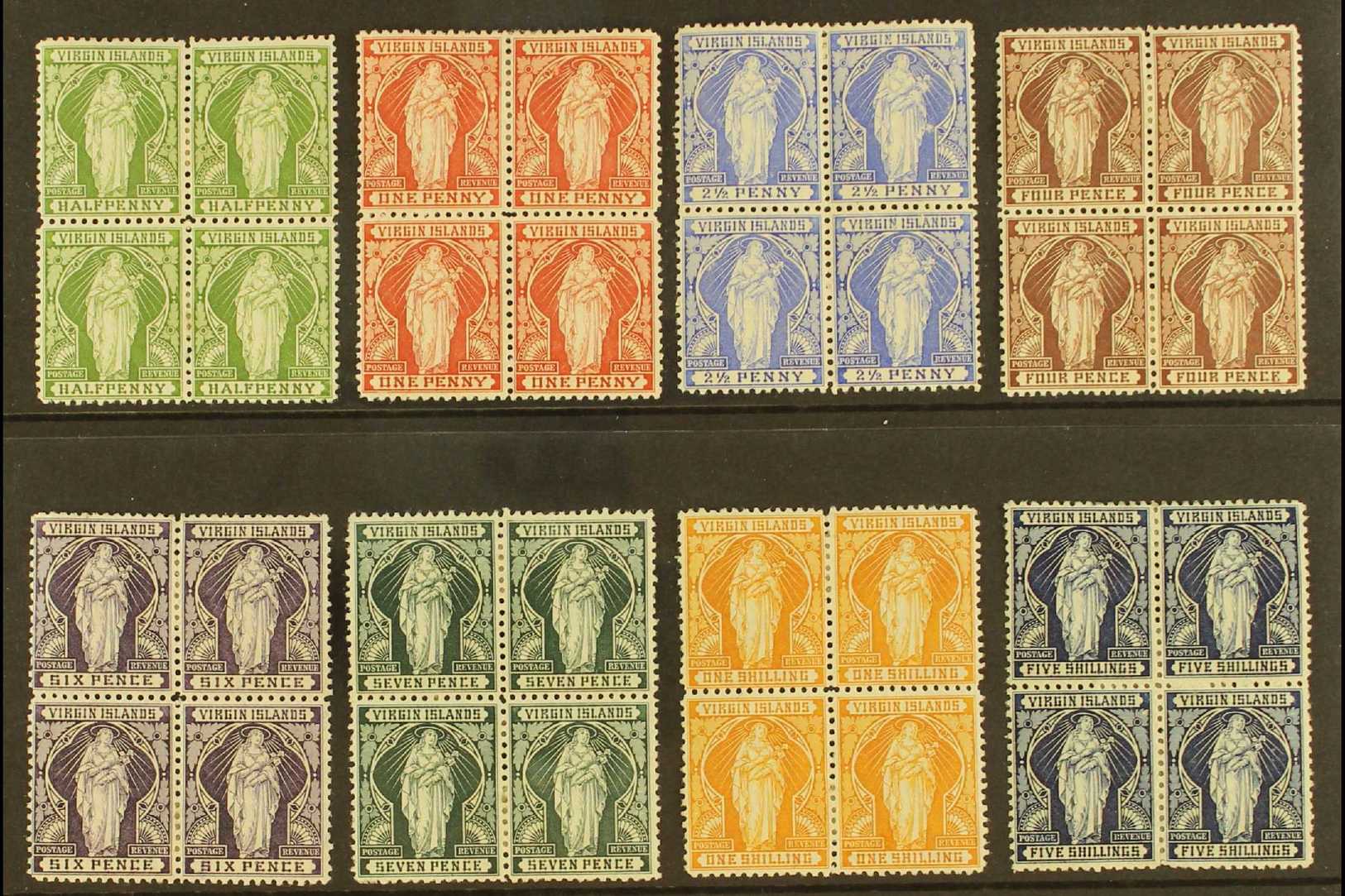 1899 "St. Ursula" Complete Definitive Set Of Eight, SG 43/50, As Mint BLOCKS OF FOUR, Lovely Fresh Colours. (8 Blocks, 3 - Iles Vièrges Britanniques