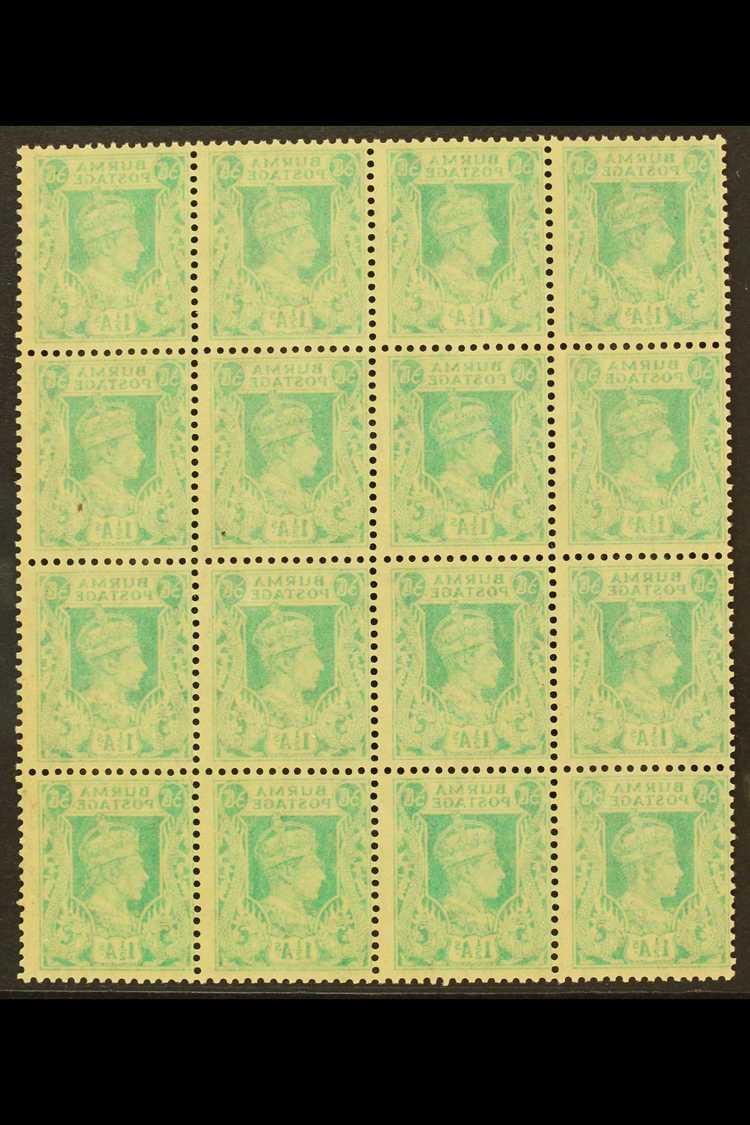 1938-40 KGVI MULTIPLE OFFSET 1½a Turquoise-green, SG 23, Never Hinged Mint Multiple Of 16 With Full Offset On Each Stamp - Burma (...-1947)