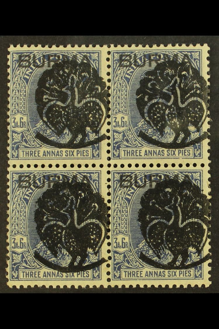 JAPANESE OCCUPATION 1942 3½a Deep Blue With Myaungmya Peacock Type 1 Overprint, SG J2, Fine Mint BLOCK Of 4 Showing All  - Birma (...-1947)