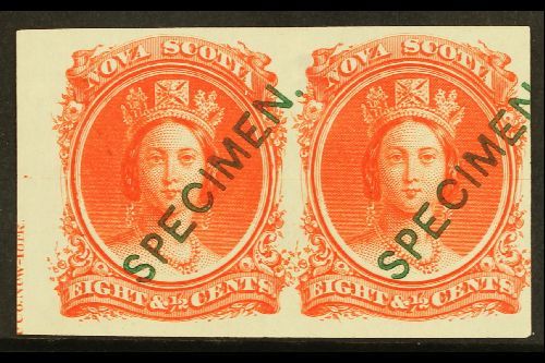 1860 "SPECIMEN" PROOF PAIR An Attractive Plate Proof 8½c Vermillion Pair Bearing Green Thin San-serif "SPECIMEN" Overpri - Autres & Non Classés