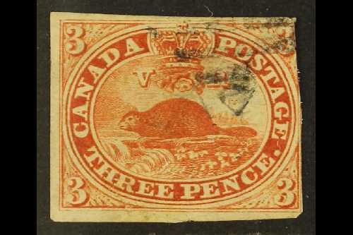 1851 3d Red Imperf Laid Paper, SG 1, Used, Three Margins, Repaired Tears, A Good Looking Spacefiller For This Rare Stamp - Autres & Non Classés