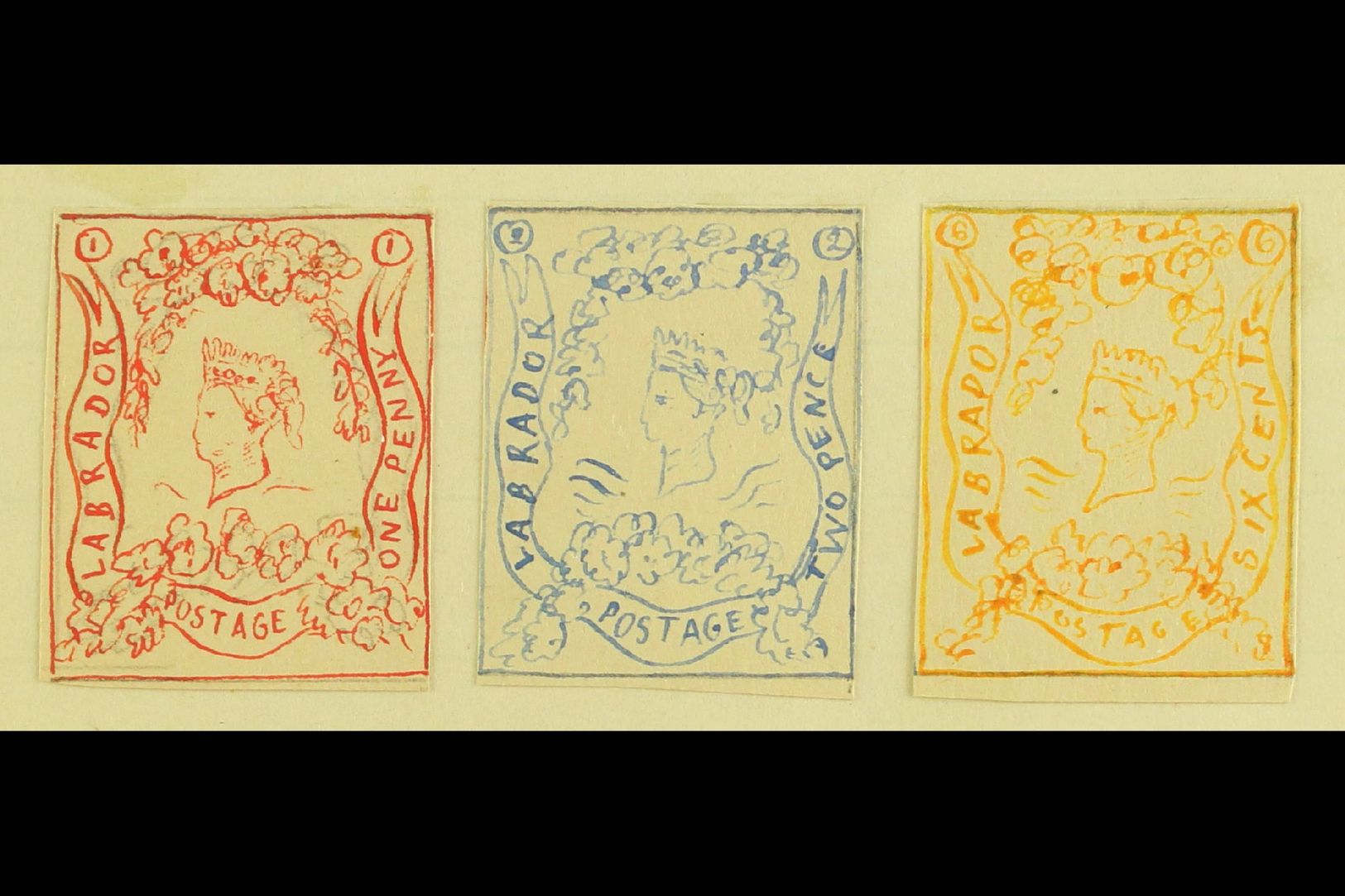 1861 HAND PAINTED STAMPS Unique Miniature Artworks Created By A French "Timbrophile" In 1861. Three "essays" For LABRADO - Andere & Zonder Classificatie