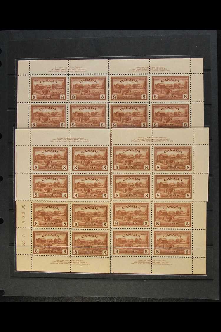 1946 8c Brown Ontario Farm Scene, SG 401, Uni 268, Plate No 1 & 2, All 4 Corner Blocks For Both Numbers, Superb NHM. (8  - Other & Unclassified