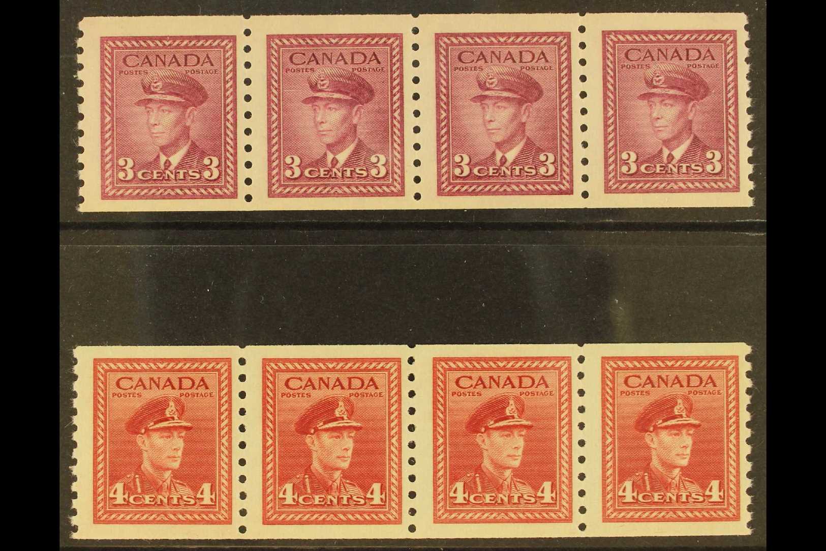 1948 3c Rose Violet And 4c Dark Carmine War Effort Coil "Jump" Strips Of 4, Imperf X Perf 9½, Uni 280i/281i, Very Fine N - Other & Unclassified