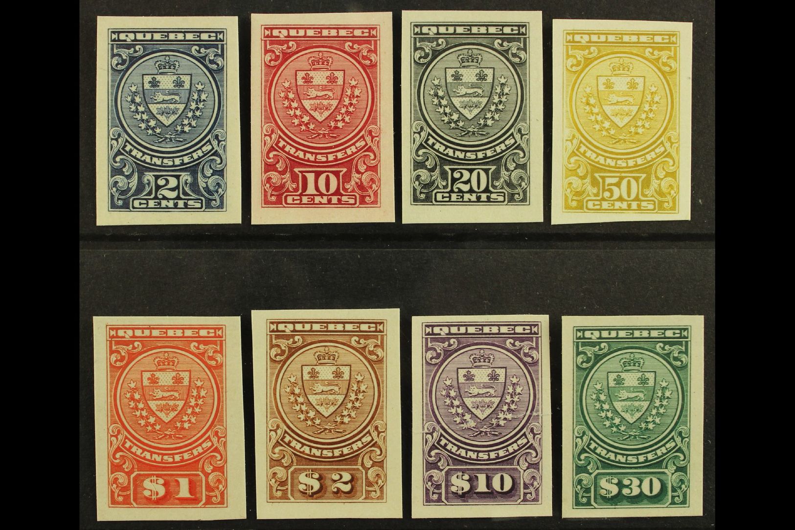 REVENUE STAMPS QUEBEC 1907 Stock Transfer Complete Set (as Barefoot 1/8) IMPERF PROOFS On Card, Van Dam QST 1-8P. The $1 - Andere & Zonder Classificatie