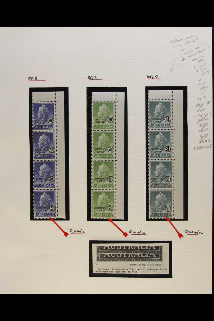 1958 RETOUCHES. Overprints Complete Set, SG 1/10, Superb Mint Positional Vertical Top Right Corner STRIPS Of 4 All Showi - Christmas Island