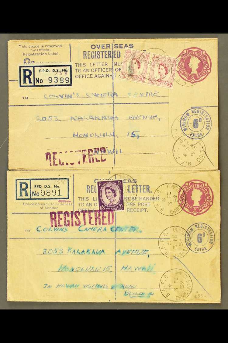 1959 (Jan) GB 6d Registered Envelope With Additional 6d Wilding Pair, Cancelled BFPO Christmas Island Cds's, Sent To Haw - Christmas Island