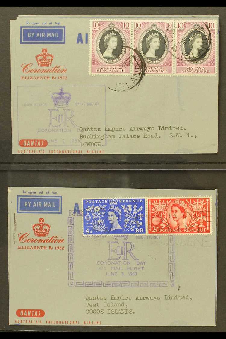 1953 QANTAS CORONATION FLIGHTS (2 & 3 June) Matching Pair Of Qantas Coronation Air Letters, One To London Bearing Singap - Cocos (Keeling) Islands