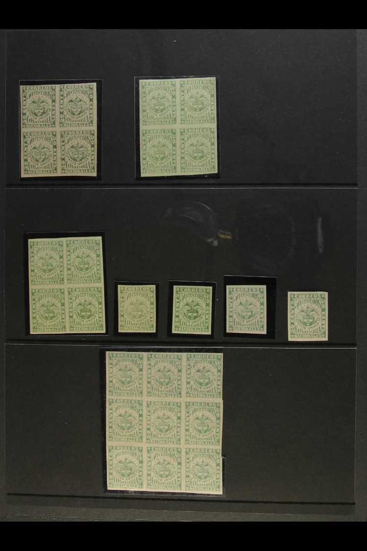 1881 50c Yellow Green, Scott 96, A Fine Mint Group With Three Blocks Of Four, A Block Of Nine, And Four Singles. (25 Sta - Colombia