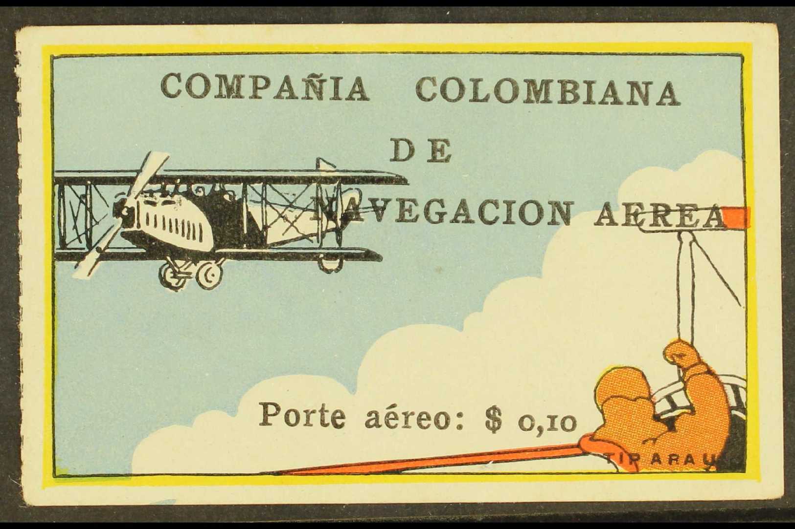 COMPANIA COLOMBIANA De NAVEGACION AREA 1920 10c Multicolored "Pilot Signalling Bi-Plane", SG 4, (Scott C5) Superb Unused - Colombie