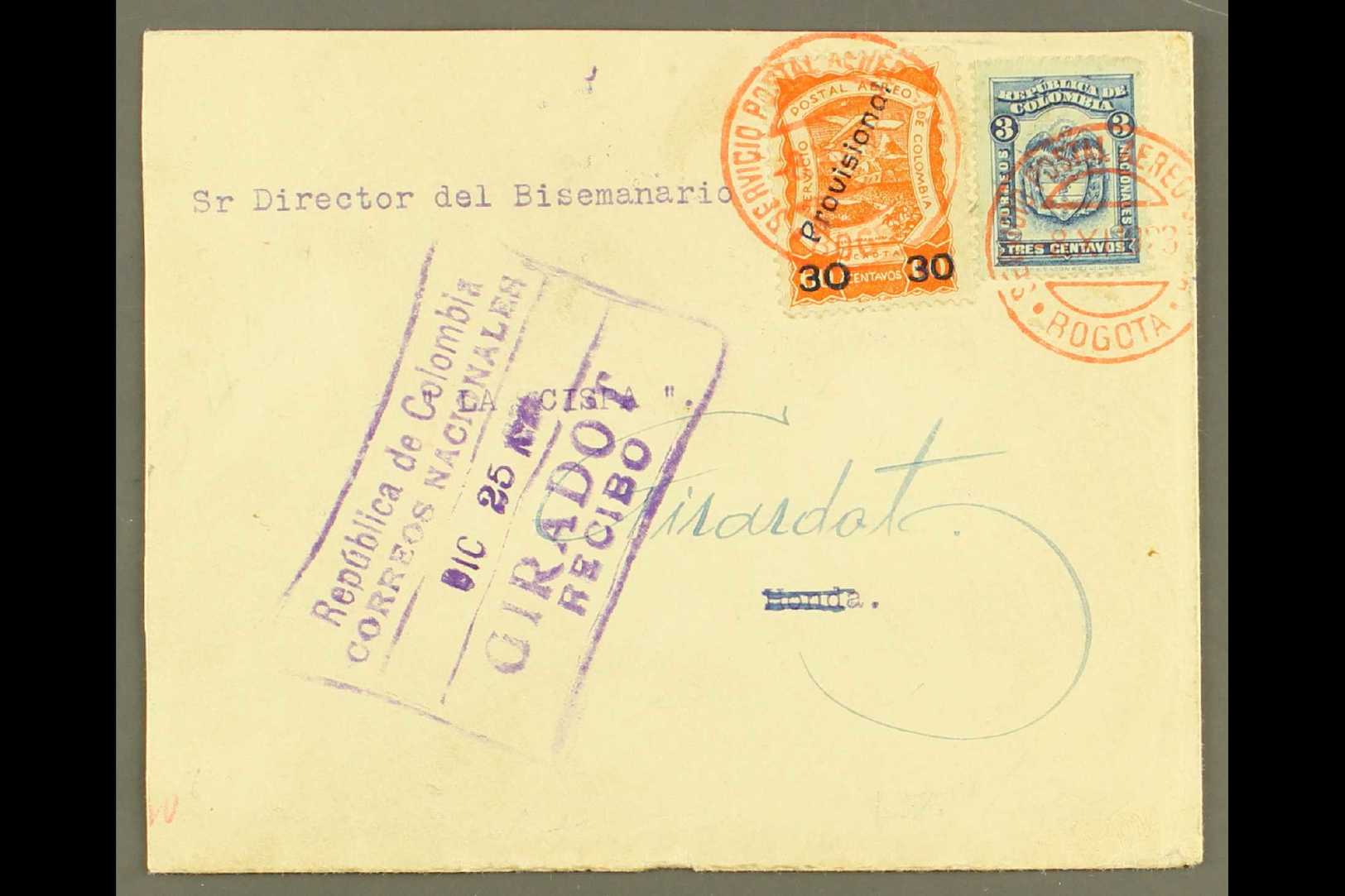 PRIVATE AIR COMPANIES - SCADTA 1923 (Nov/Dec) Cover From Bogota To Honda (reduced At Left) Bearing 1923 30c On 60c Orang - Colombia