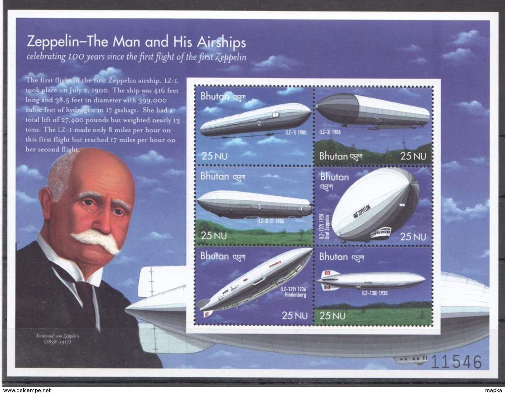 G122 BHUTAN AVIATION ZEPPELIN THE MAN & HIS AIRSHIPS 1KB MNH - Zeppelins
