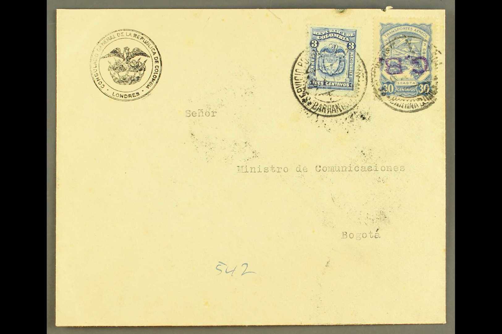 SCADTA 1924 Cover From England Addressed To Bogota, Bearing Colombia 3c And SCADTA 1923 30c With "G.B." Consular INVERTE - Colombia