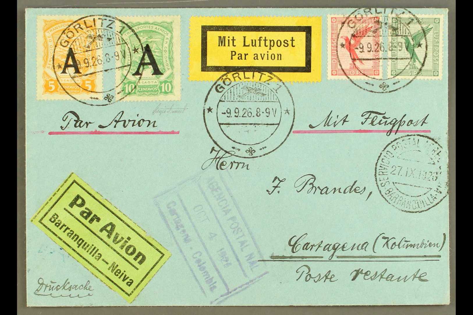 SCADTA 1926 (9 Sep) Printed Matter Airmail Cover From Germany Addressed To Cartagena, Bearing Germany 5pf & 10pf And SCA - Colombia