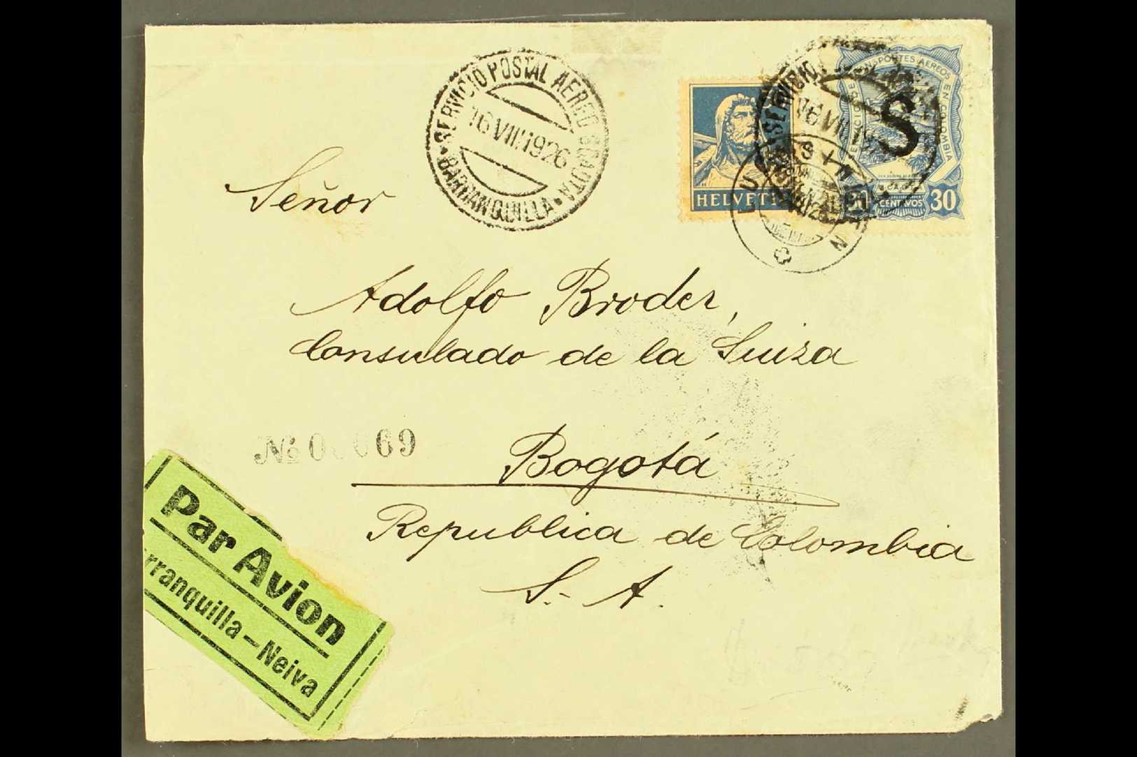 SCADTA 1926 (22 July) Cover From Switzerland Addressed To Bogota, Bearing Switzerland 30c And SCADTA 1923 30c With "S" C - Colombia