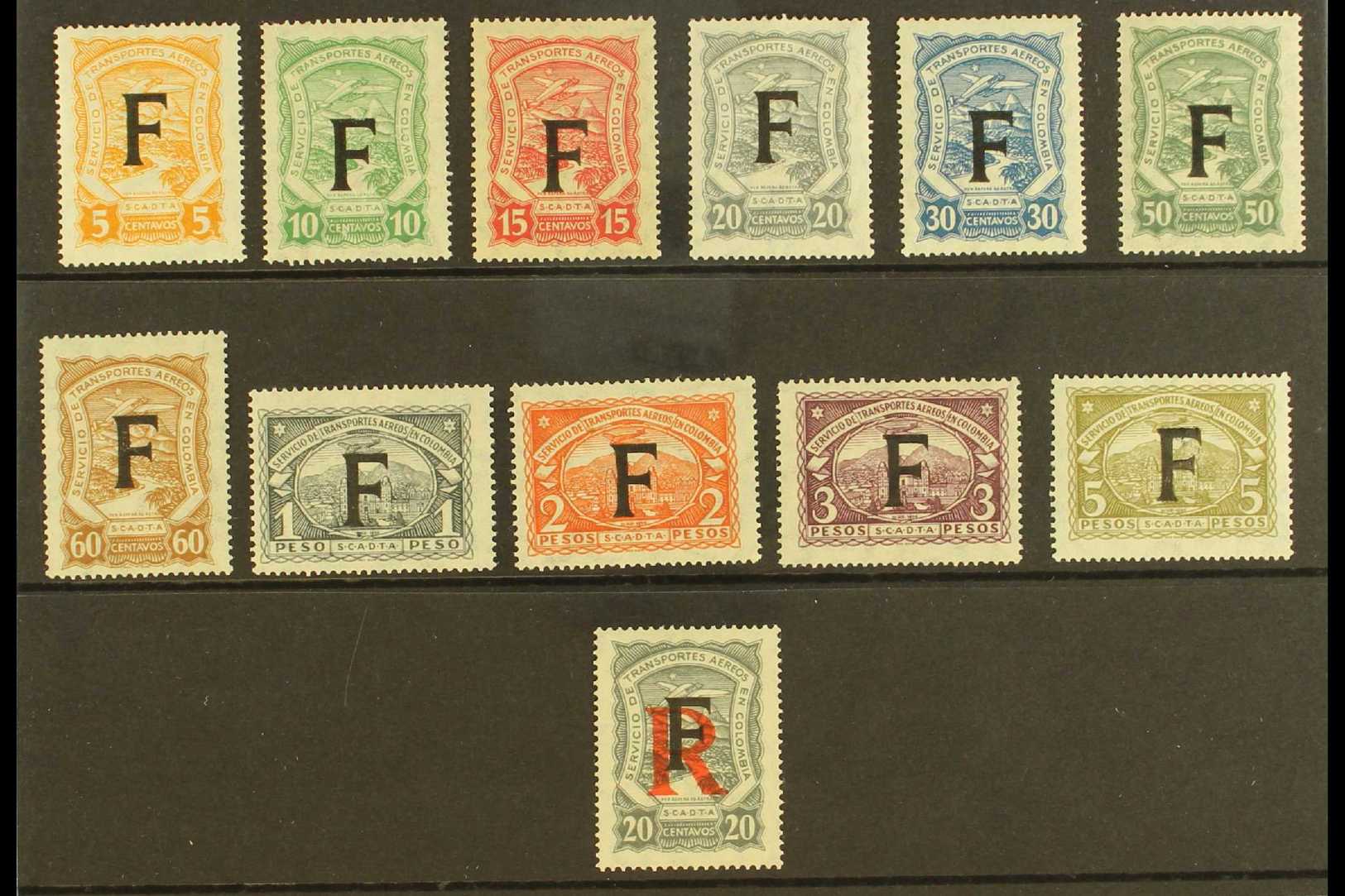 SCADTA FRANCE 1923 Complete Set With "F" Consular Overprints Inc 20c Registration Stamp (Scott CLF81/91 & CFLF5, SG 26G/ - Colombia