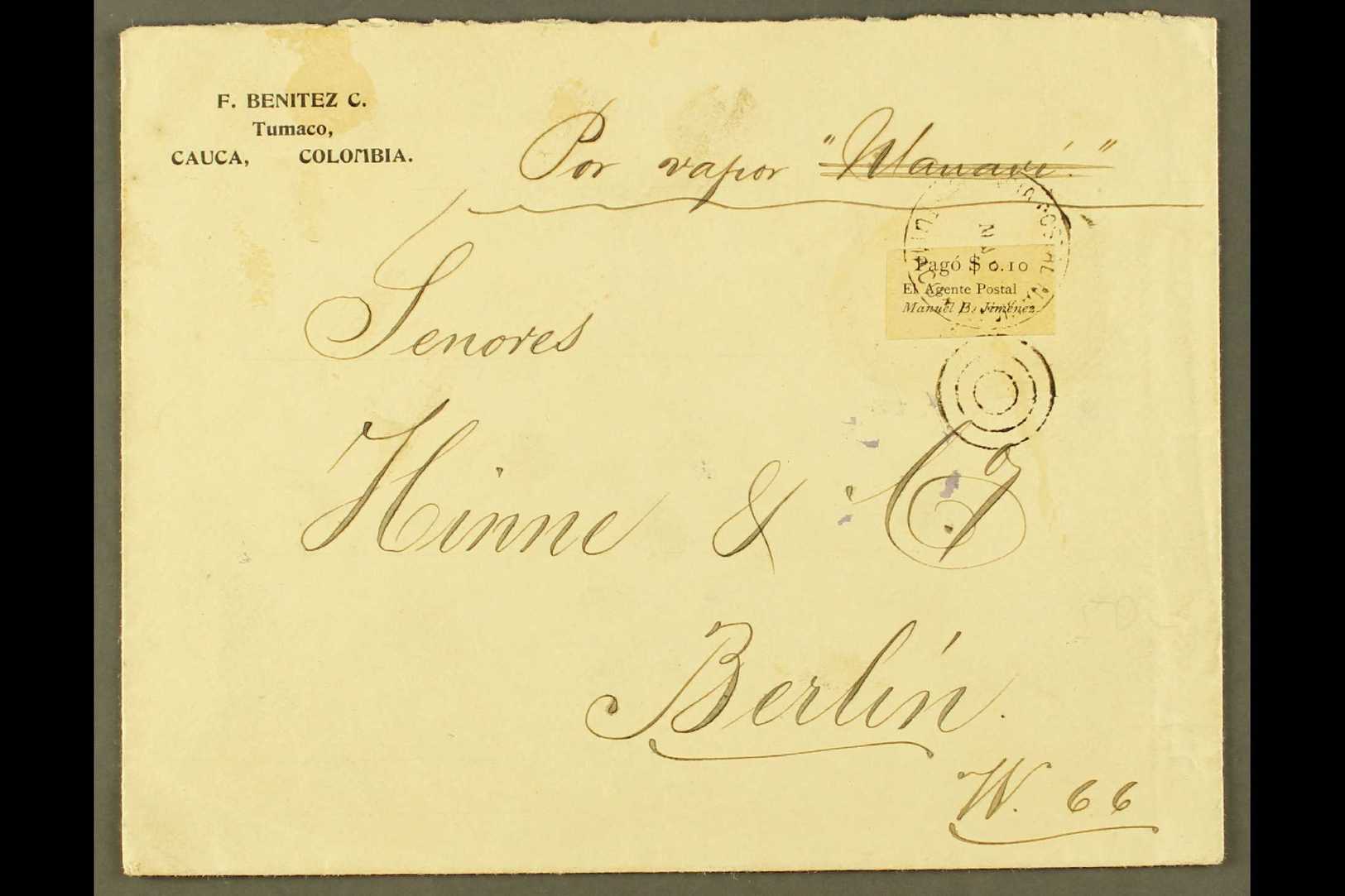 TUMACO 1901 Cover Addressed To Germany, Bearing 1901 0.10p Black Imperf 'El Agente Postal Manuel E. Jimenez' LOCAL STAMP - Colombie