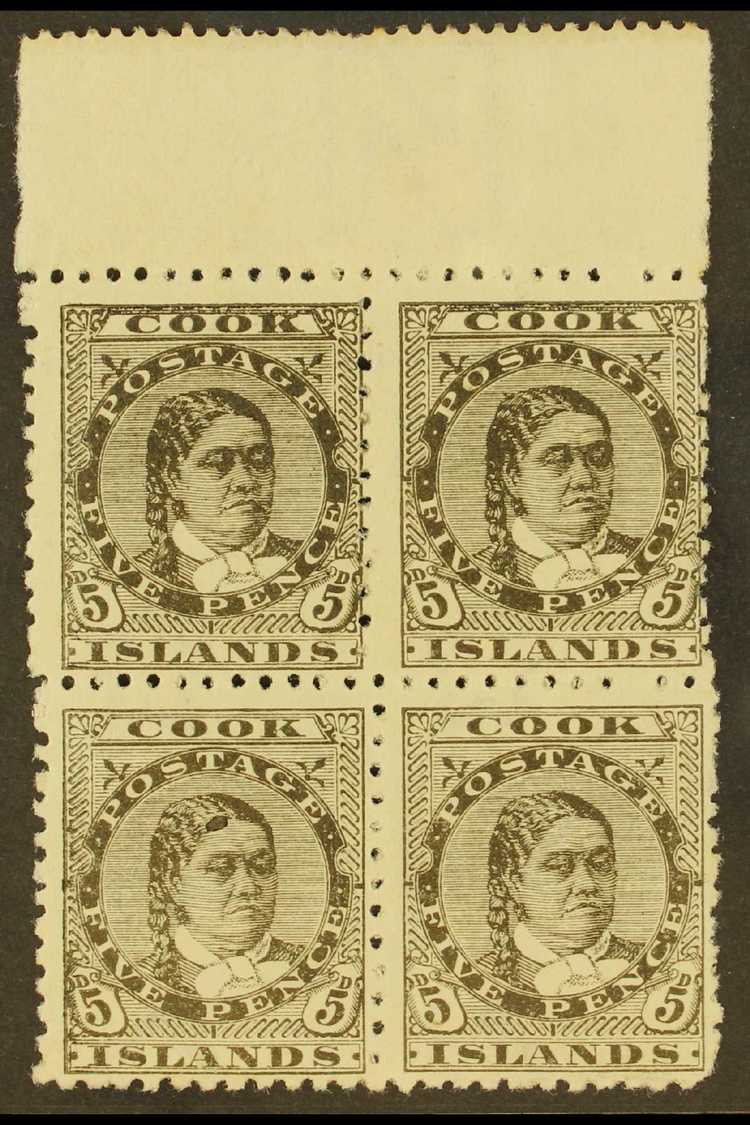 1893-1900 5d Olive-black Queen, SG 9, Upper Marginal Block Of Four, Very Fine Mint With Three Never Hinged.  For More Im - Cook