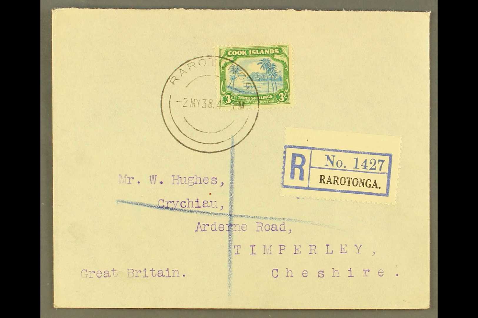 1938 (2nd May) Neat Envelope Registered To England, Bearing 3s Greenish Blue And Green, SG 129, Tied Rarotonga First Day - Cook