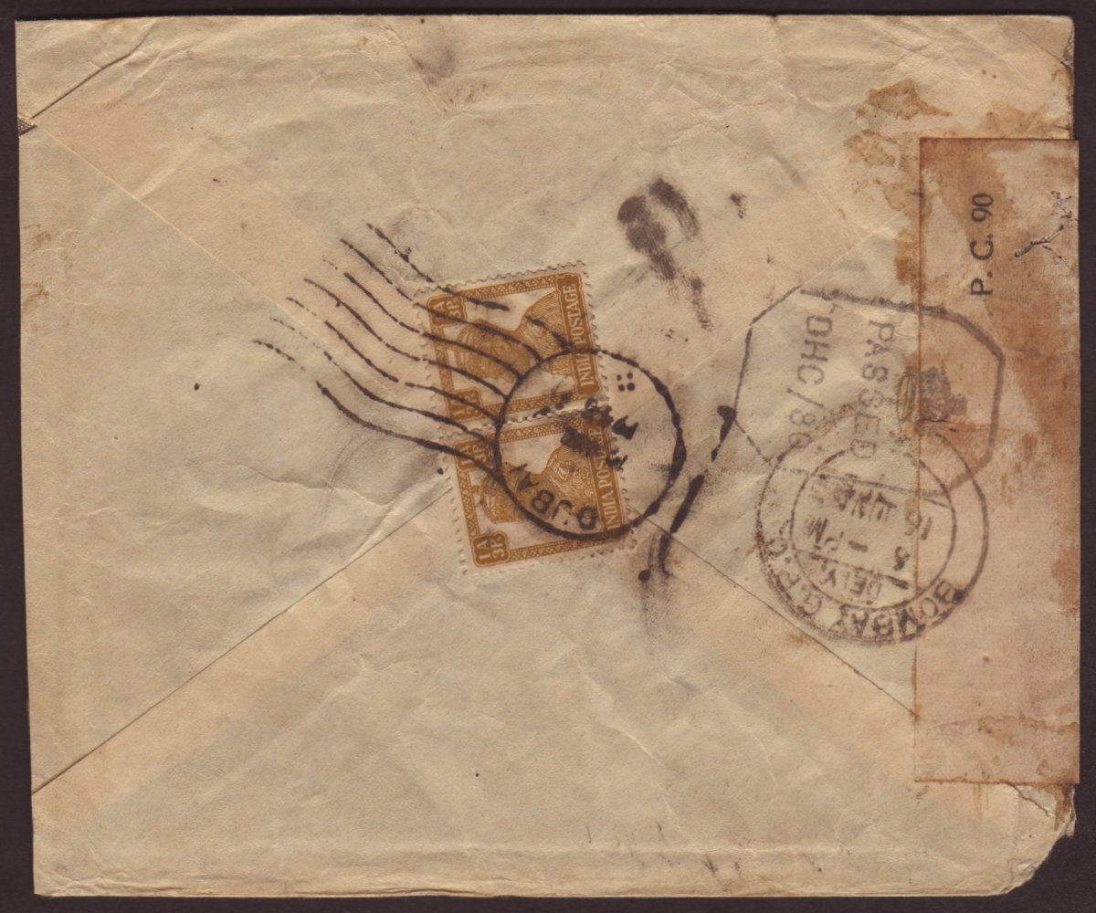 1945 INDIA USED IN: (June) Envelope To Bombay, Bearing On The Flap KGVI 1a 3p Pair, Tied By Crisp DUBAI (Donaldson Type  - Dubai