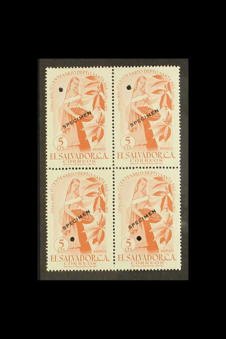 1956 5c Centenary Of Santa Ana Air, SG 1096, Sc C168, Never Hinged Mint Block Of 4, Each Stamp With "SPECIMEN OVERPRINT" - Salvador