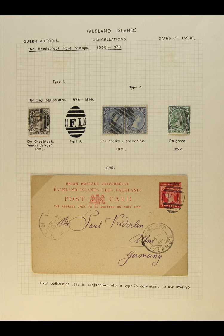 1878 - 1904 CANCELLATION COLLECTION Written Up And Illustrated On Old Exhibition Pages Including "F1" On 1885 4d Grey Bl - Falklandinseln