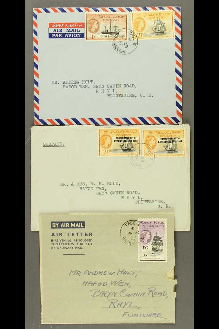 1957 "BASE W" COVERS. A Group Of Three Commercial Covers (two Airmail And One Surface Mail) Addressed To The United King - Falkland Islands