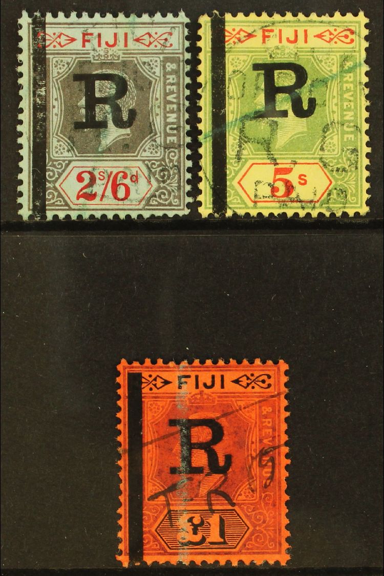 REVENUE STAMPS 1910 KEVII £1 (Barefoot 25), Plus 1914 KGV 2s6d And 5s (Barefoot 29/30), Fine Used. (3 Stamps) For More I - Fidschi-Inseln (...-1970)