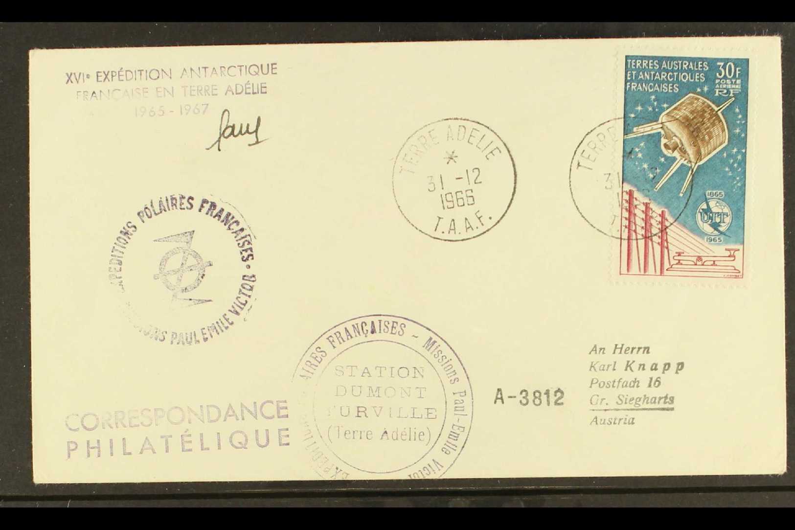 TAAF 1966 (31 Dec) Cover To Austria Bearing 1965 30f UIT Air Stamp (Maury 9), Tied Neat Terre Adelie Cds, Expedition And - Andere & Zonder Classificatie