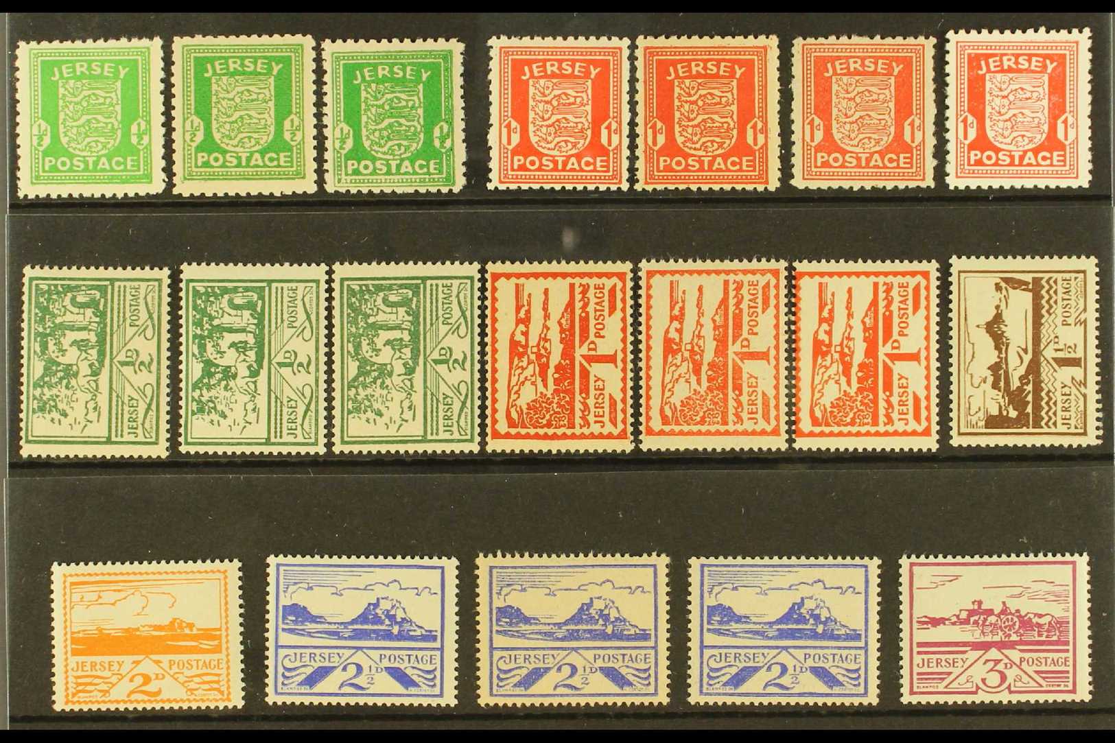 JERSEY 1941-1944 NEVER HINGED MINT GROUP With Paper Types On A Stock Card, Inc 1941-42 ½d (x3) & 1d (x4 Inc One Chalky P - Other & Unclassified