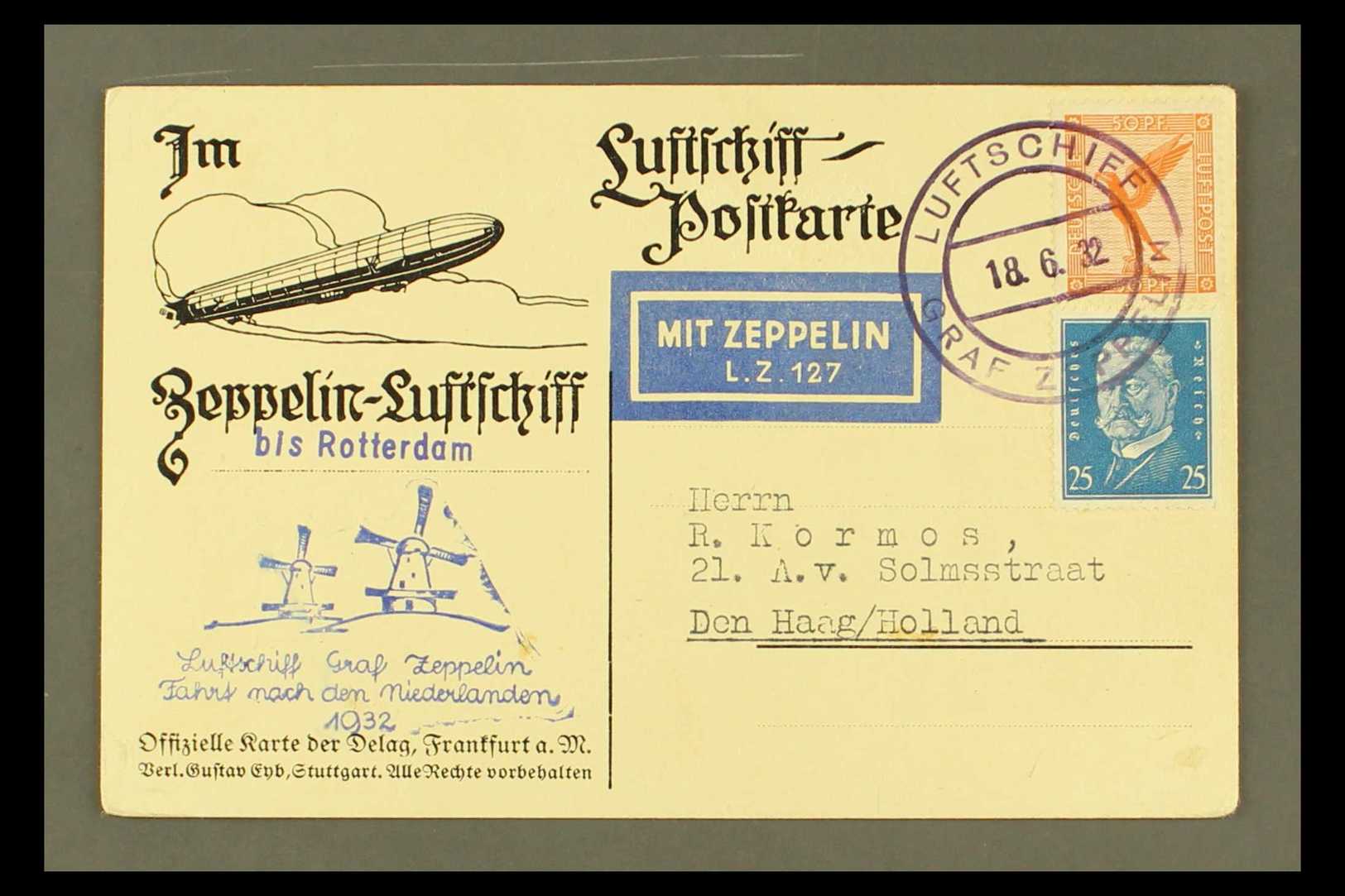 1932 GRAF ZEPPELIN CARD TO HOLLAND An Illustrated Ppc Showing On The Picture Side An Aerial View From The Airship Bearin - Andere & Zonder Classificatie